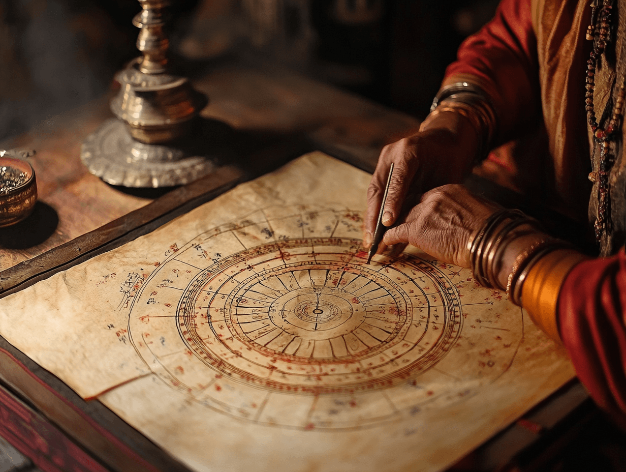 indian astrologer studying a birth-chart kundali